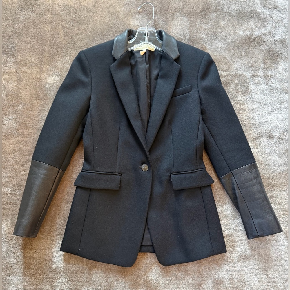 Rag & Bone Black Wool Blazer with Leather Accents